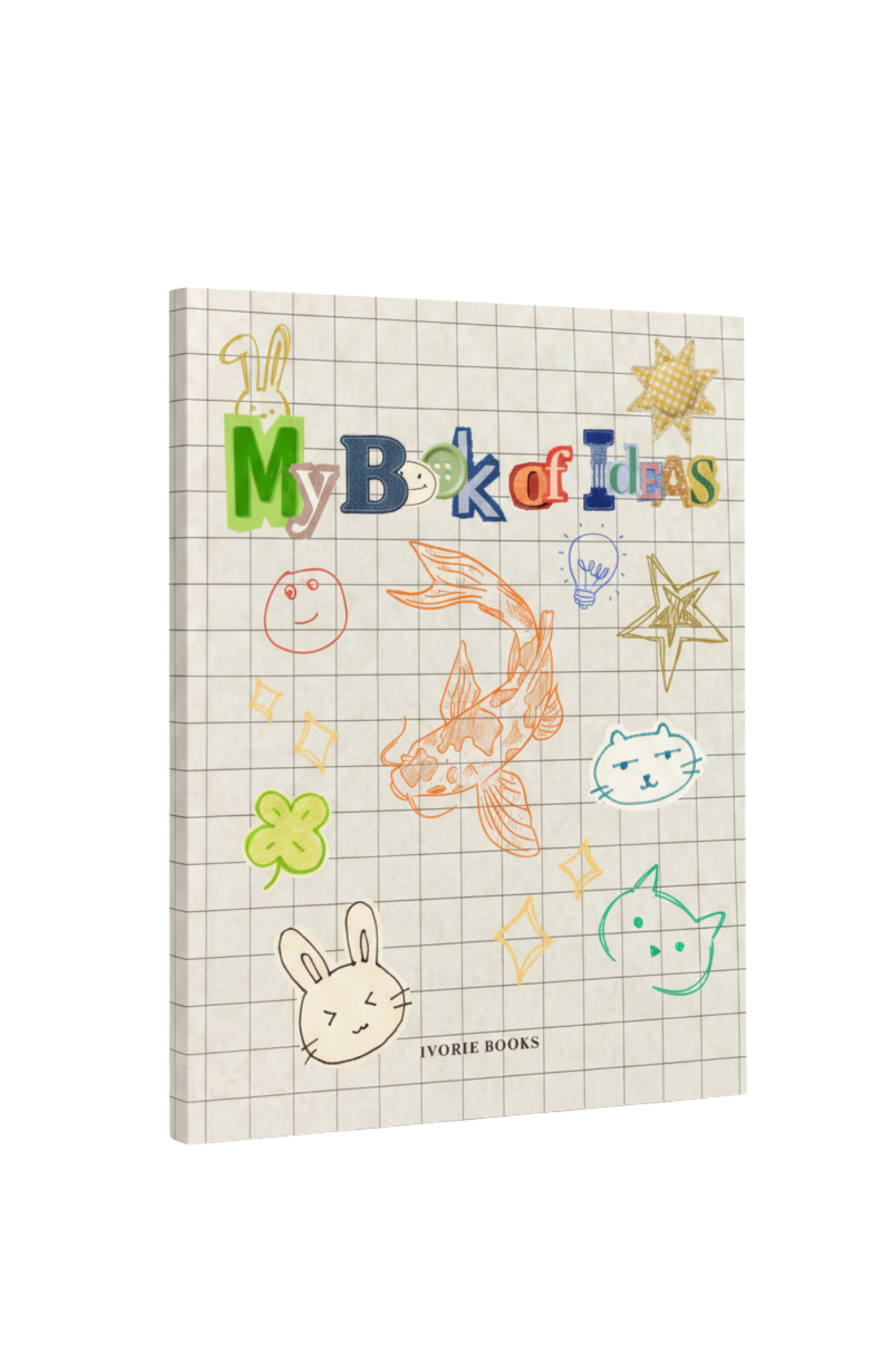 A notebook titled 'My Book of Ideas' by Ivorie Books, featuring a beige grid paper cover decorated with colorful doodles of a rabbit, fish, stars, and smiley faces, shown at a three-quarter angle on a white background.