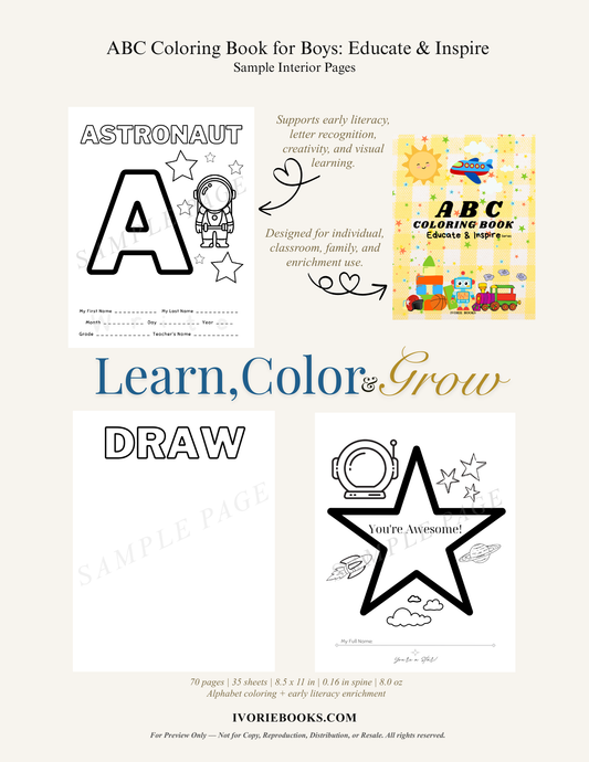 Interior sample page of the early childhood development workbook showing high-contrast alphabet tracing layouts and structured letter recognition exercise