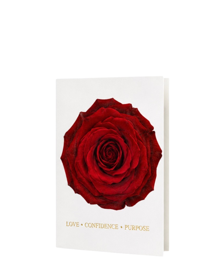 A white greeting card featuring a large, vibrant red rose in the center, with the words 'LOVE • CONFIDENCE • PURPOSE' printed in gold at the bottom, shown on a clean white background.
