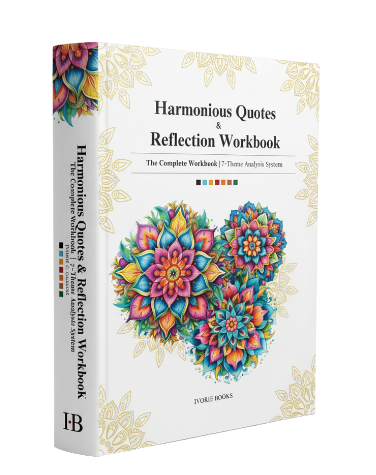 A paperback workbook titled 'Harmonious Quotes & Reflection Workbook' by IVORY BOOKS, featuring a white cover with gold floral borders and three colorful mandala designs in pink, blue, yellow, and green.