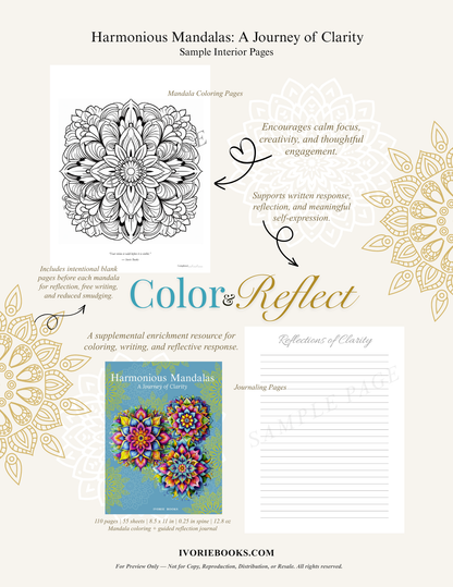 Sample interior preview from Harmonious Mandalas: A Journey of Clarity, featuring mandala artwork and reflective writing space for personal use.