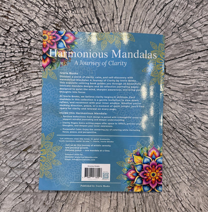 Paperback detail view of Harmonious Mandalas A Journey of Clarity coloring book. 
Paperback detail view of Harmonious Mandalas: A Journey of Clarity, showing the printed cover design and physical book quality.