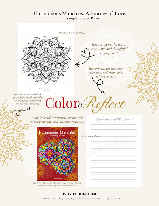 Sample interior preview from Harmonious Mandalas: A Journey of Love, featuring mandala artwork and reflective writing space for personal use.