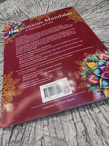Angled paperback view of Harmonious Mandalas: A Journey of Love, showing the cover, spine, and printed book quality.