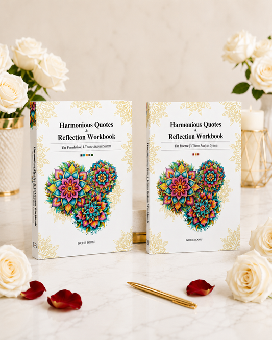 Two copies of the 'Harmonious Quotes & Reflection Workbook Duo gift set displayed on a light marble surface with white roses and gold accessories in the background.