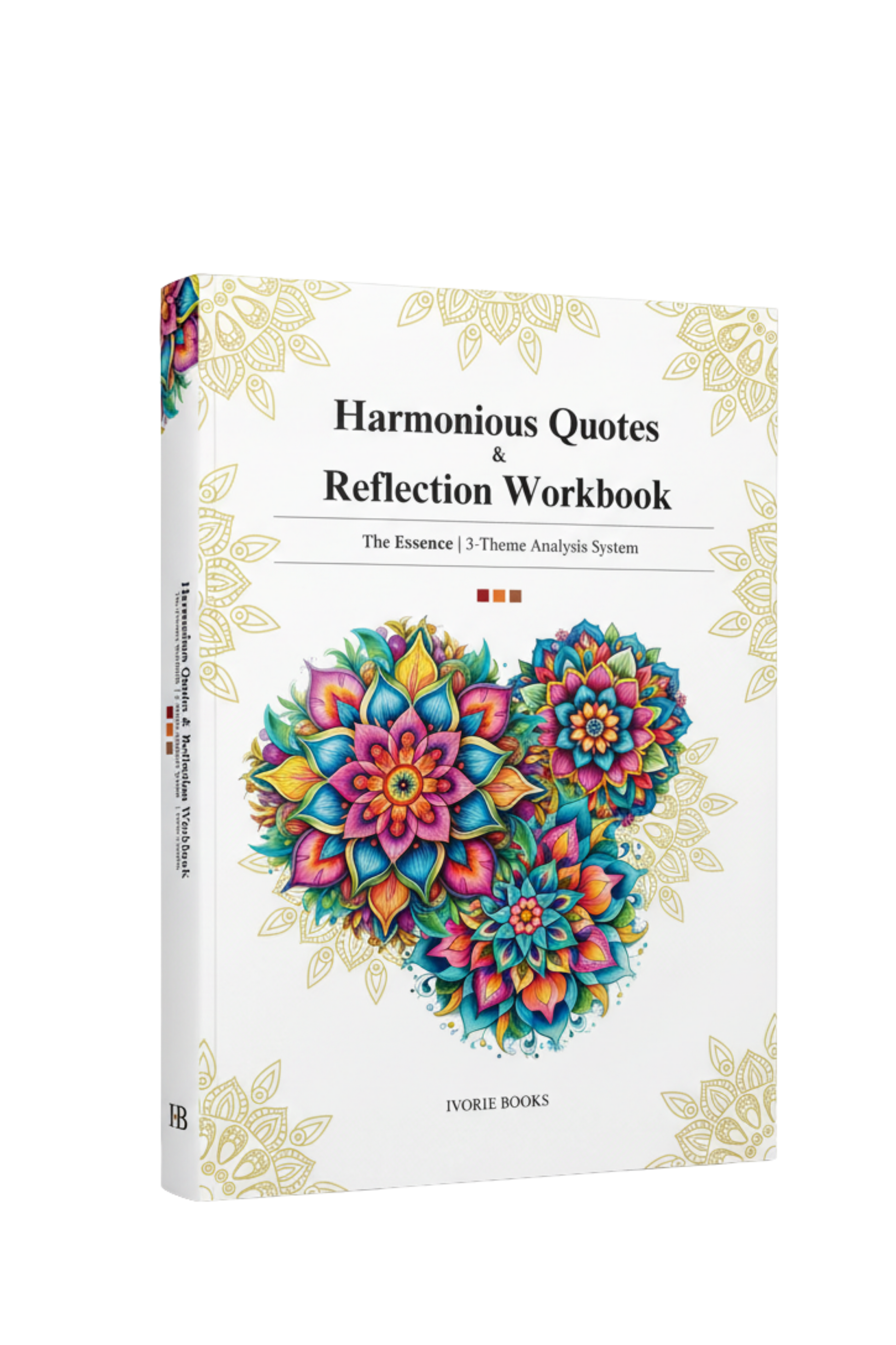 A hardcover workbook titled 'Harmonious Quotes & Reflection Workbook' by IVORIE BOOKS, featuring a white cover with gold floral borders and a colorful mandala design in the center.