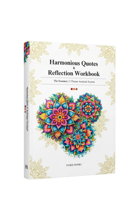 A hardcover workbook titled 'Harmonious Quotes & Reflection Workbook' by IVORIE BOOKS, featuring a white cover with gold floral borders and a colorful mandala design in the center.