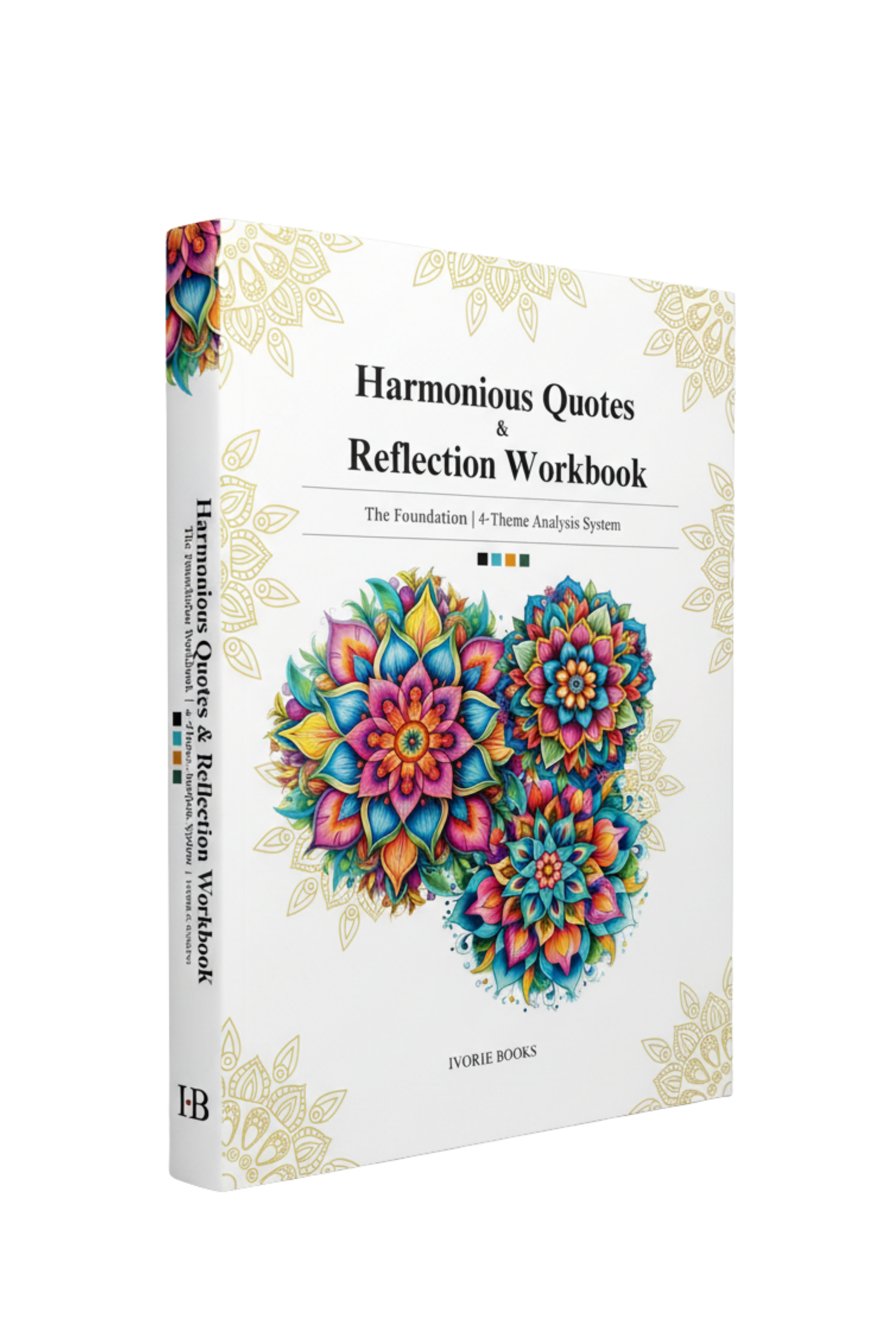 'Harmonious Quotes & Reflection Workbook' by Ivorie Books. The cover is white with gold ornamental corner details and a large, colorful mandala design in the center.