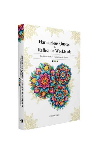 'Harmonious Quotes & Reflection Workbook' by Ivorie Books. The cover is white with gold ornamental corner details and a large, colorful mandala design in the center.
