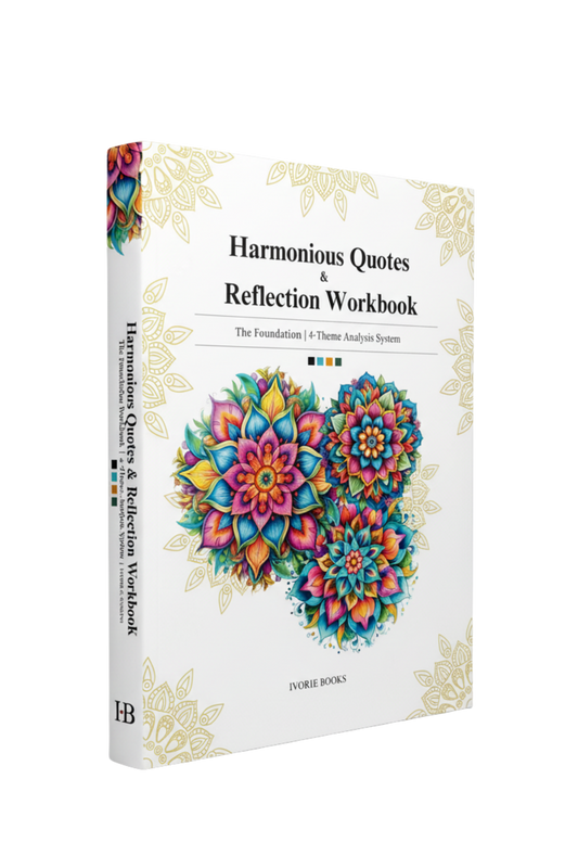 'Harmonious Quotes & Reflection Workbook' by Ivorie Books. The cover is white with gold ornamental corner details and a large, colorful mandala design in the center.