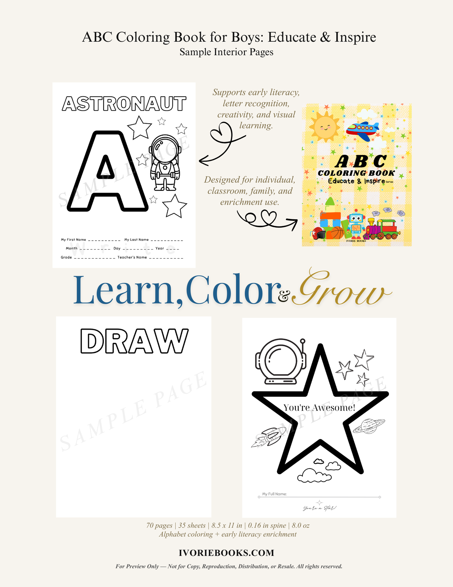 Interior sample page of the early childhood development workbook showing high-contrast alphabet tracing layouts and structured letter recognition exercise