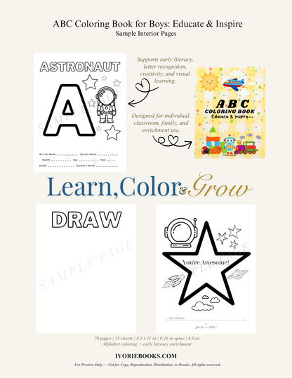Interior sample page of the early childhood development workbook showing high-contrast alphabet tracing layouts and structured letter recognition exercise