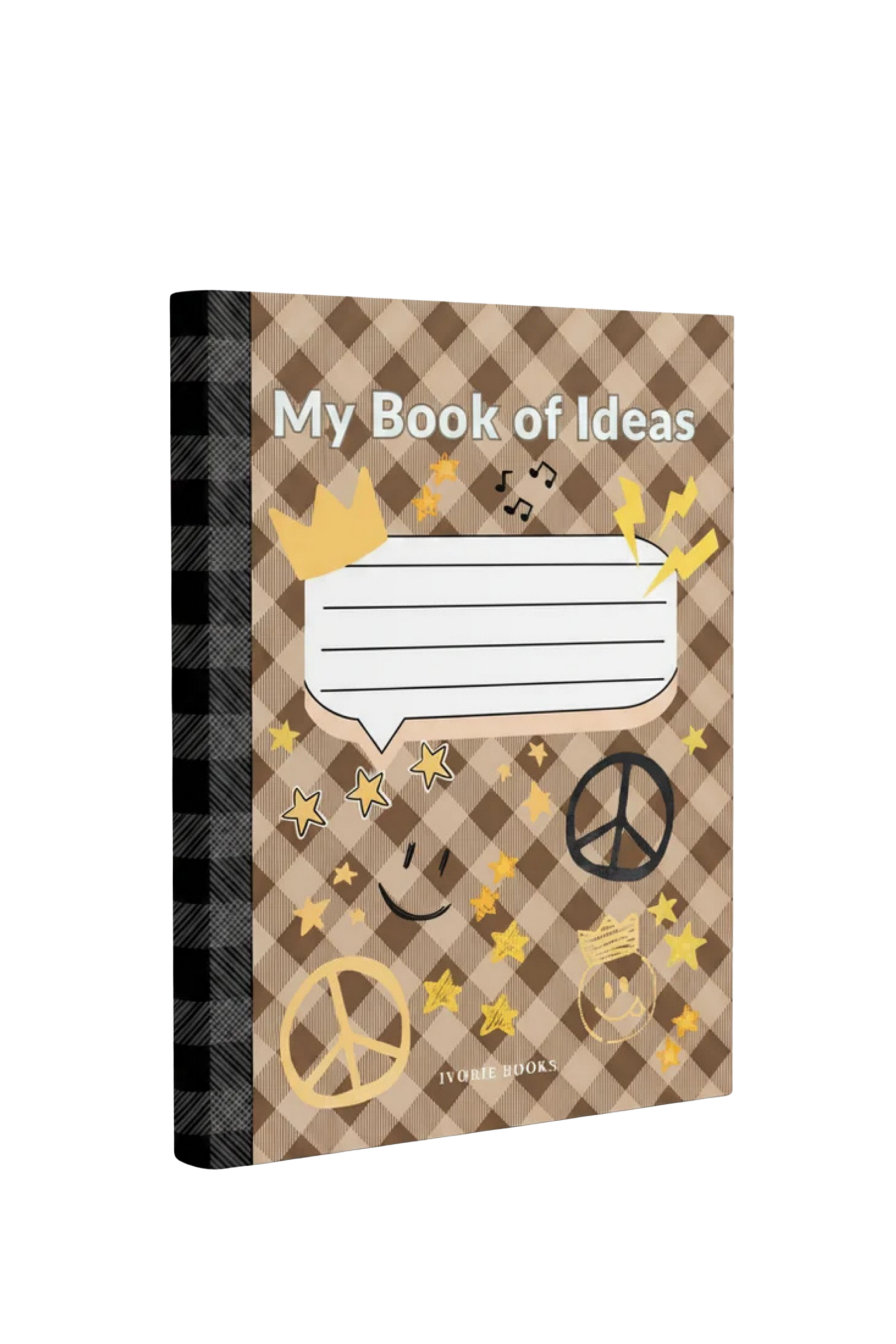 A hardcover notebook titled 'My Book of Ideas' with a brown and beige checkered cover, decorated with yellow stars, peace signs, a smiley face, and a speech bubble, shown on a plain white background.