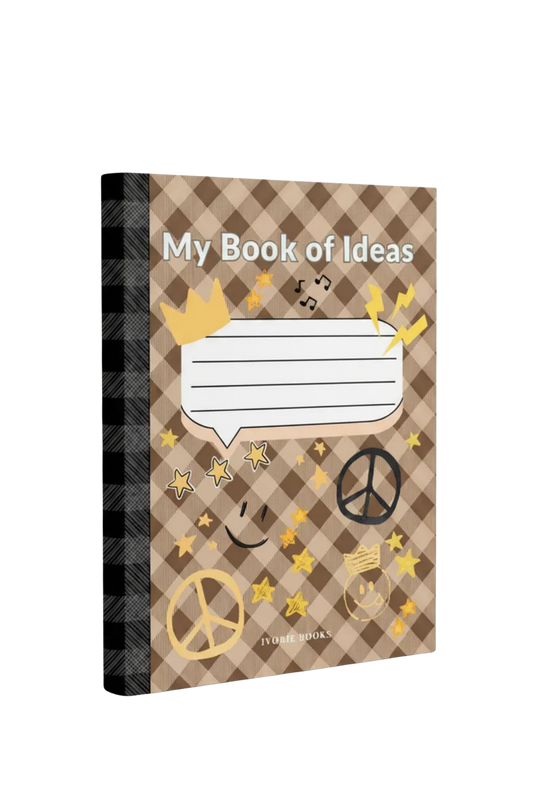 A hardcover notebook titled 'My Book of Ideas' with a brown and beige checkered cover, decorated with yellow stars, peace signs, a smiley face, and a speech bubble, shown on a plain white background.