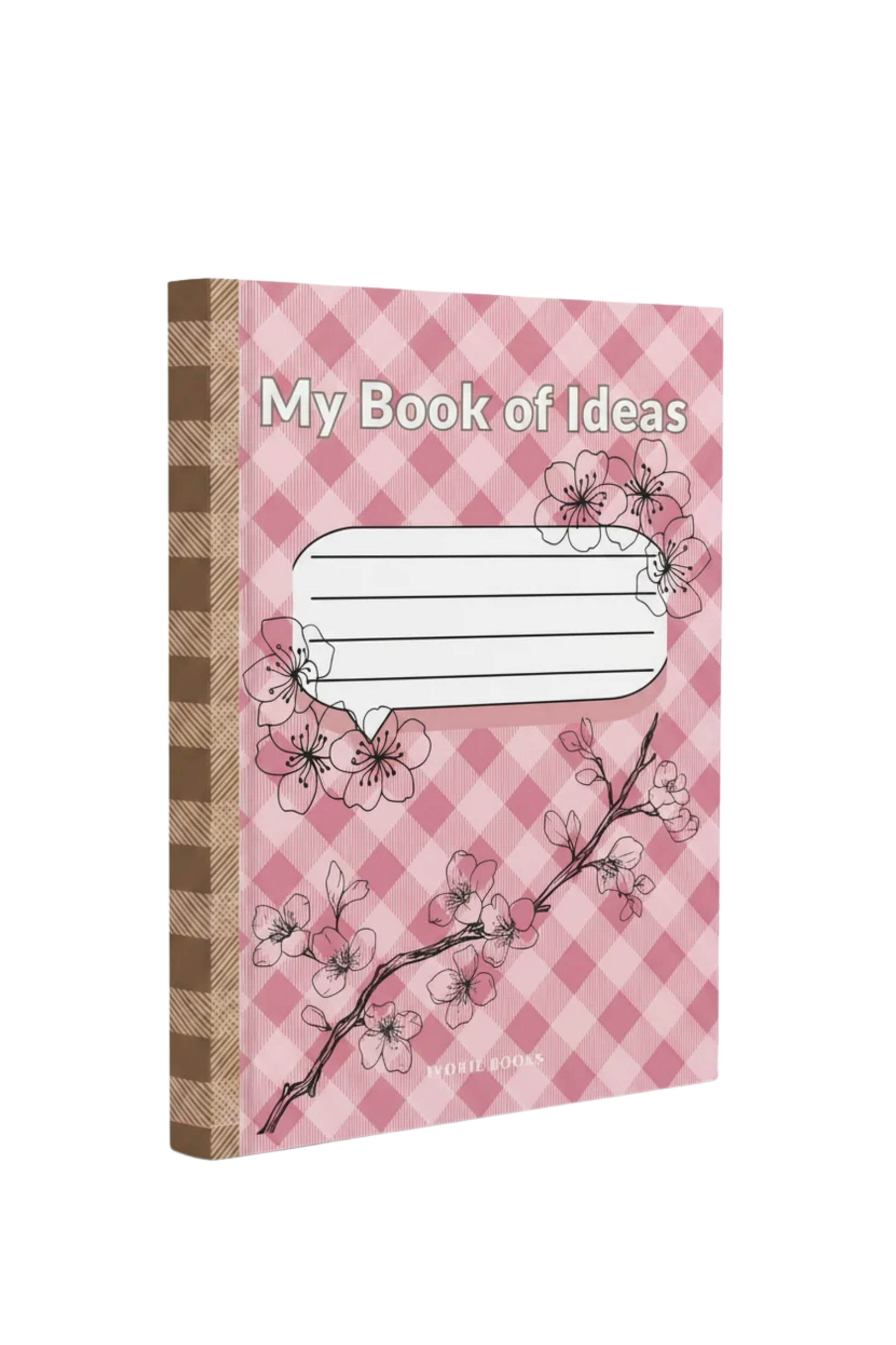 A notebook titled 'My Book of Ideas' with a pink and white checkered cover, decorated with cherry blossom illustrations, and a brown-and-beige plaid spine, shown on a plain white background.