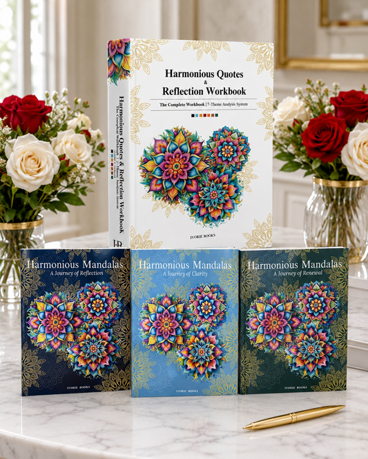 Three Harmonyous Books self-help books displayed on a marble surface with decorative flowers in the background. The main product shown is the 'Harmonious Quotes & Reflection Workbook' standing upright, with two matching books in front titled 'Harmonious Mandalas: A Journey of Healing'.