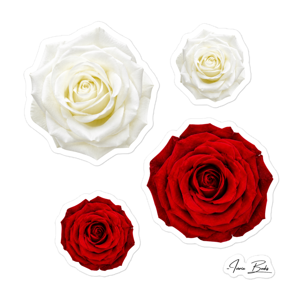 Large 5.5-inch premium vinyl sticker featuring an elegant cluster arrangement of white and deep red roses.