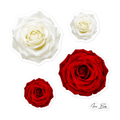 Large 5.5-inch premium vinyl sticker featuring an elegant cluster arrangement of white and deep red roses.
