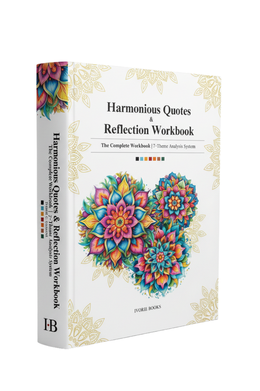 'Harmonious Quotes & Reflection Workbook' by Ivorie Books. The book cover is paperback white with gold floral borders and a central colorful mandala design.