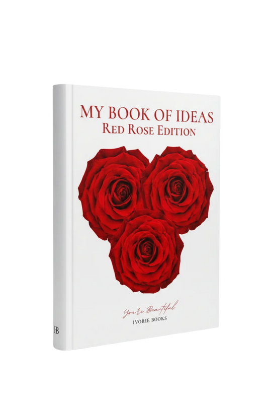 A hardcover book titled 'MY BOOK OF IDEAS RED ROSE EDITION' with three red roses forming a heart shape on the front cover, shown at a slight angle on a plain white background.